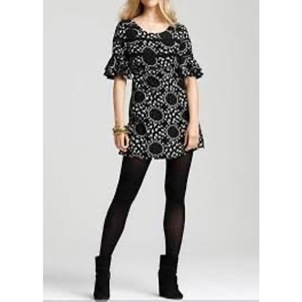 Free People Black White Floral Geometric Mini Dress Tunic Size 2 Lace Trim - Picture 4 of 12